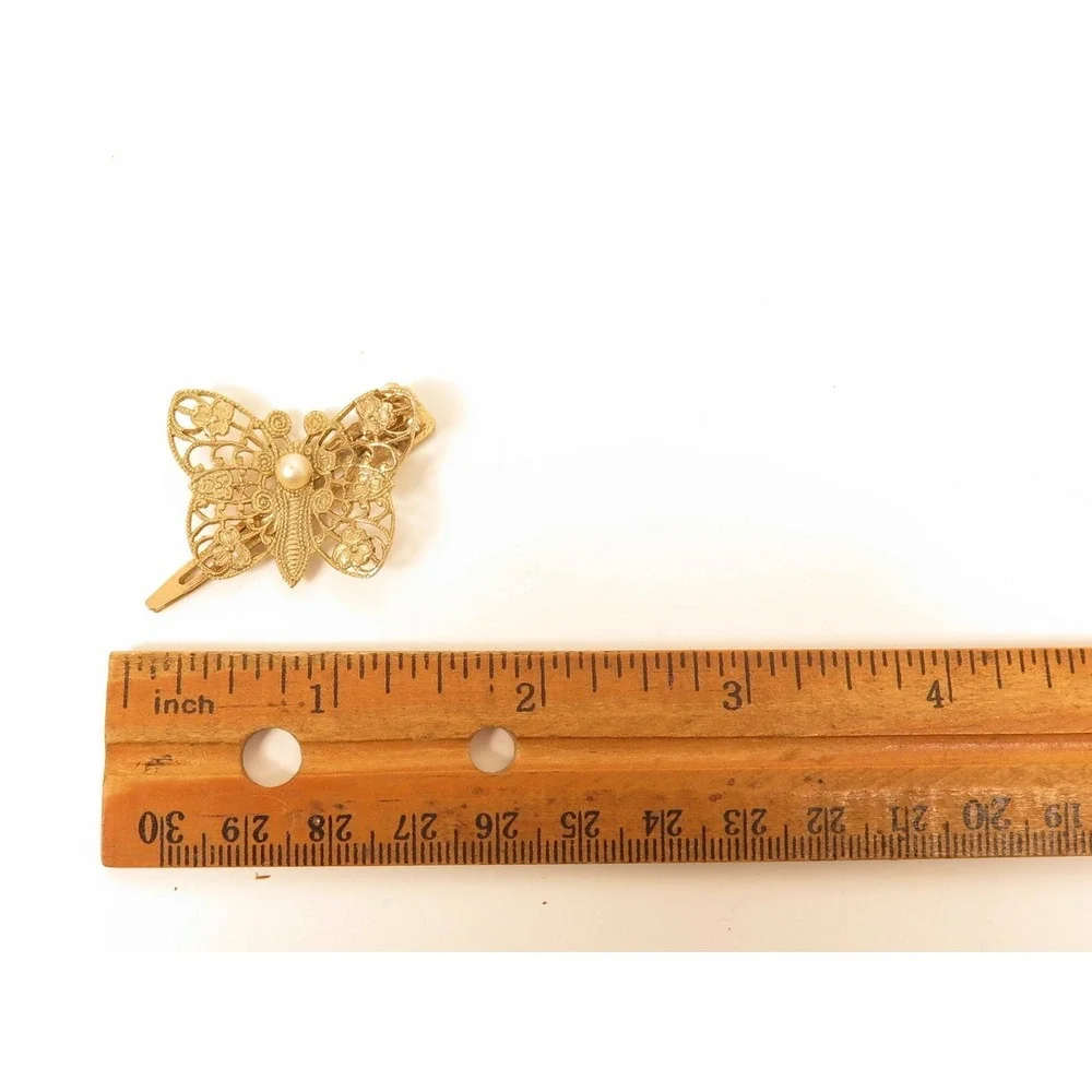Vintage Filigree Butterfly Hair Clip‎ Gold Toned Pearl Accent Barrette 1-1/4